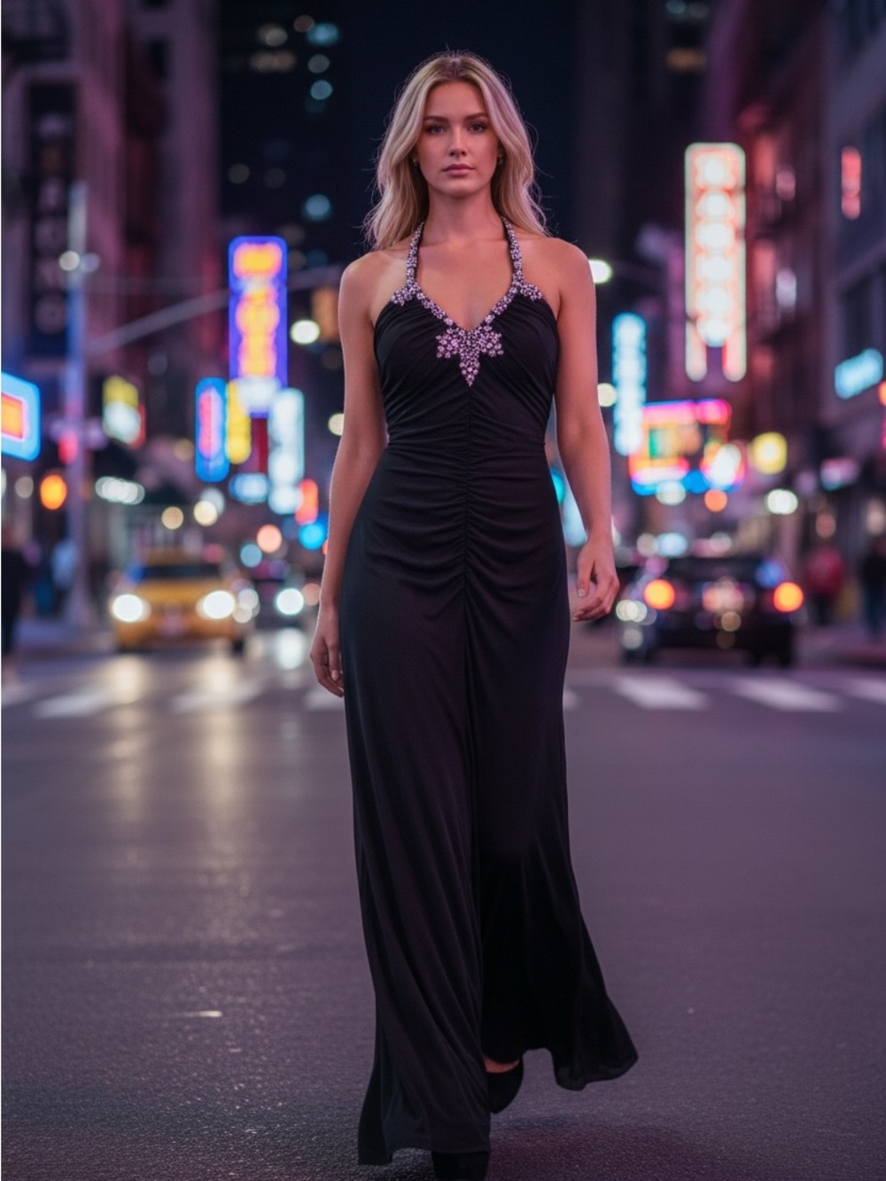 Black Halter vintage Y2K Evening Gown with Beaded Neckline
